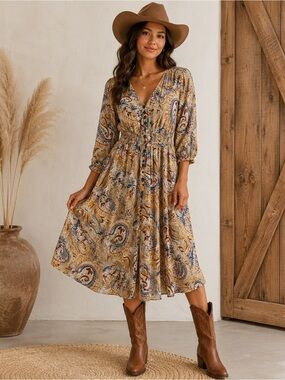 Shyanne Paisley Maxi Dress in Mustard, Navy & Cream Boho Country wear Western we